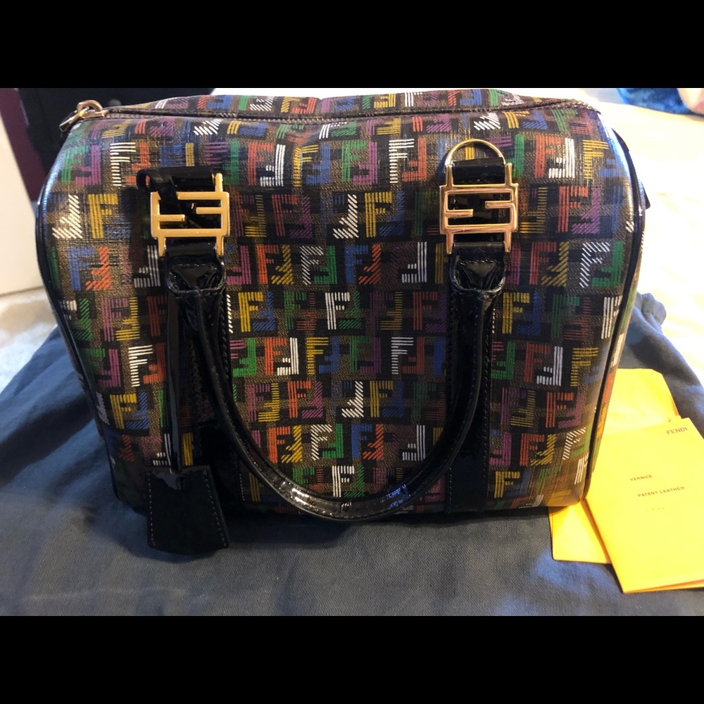 Fendi coated multi-color canvas and patent bowling bag